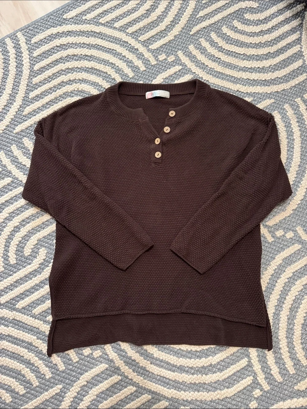 Free People FP Beach Hailee Waffle Knit Henley Oversized Sweater Brown